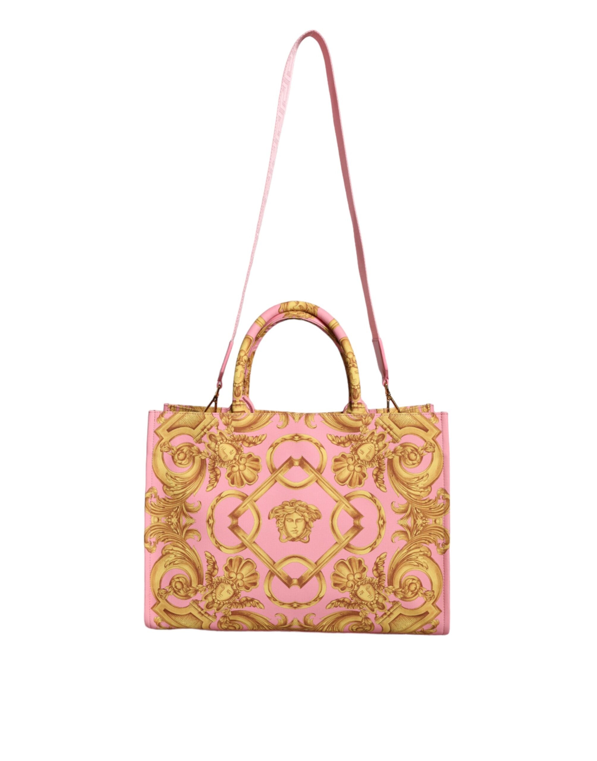 Bolso grande de compras de tela y cuero con estampado rosa de Versace