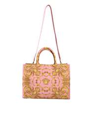 Bolso grande de compras de tela y cuero con estampado rosa de Versace