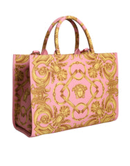 Bolso grande de compras de tela y cuero con estampado rosa de Versace