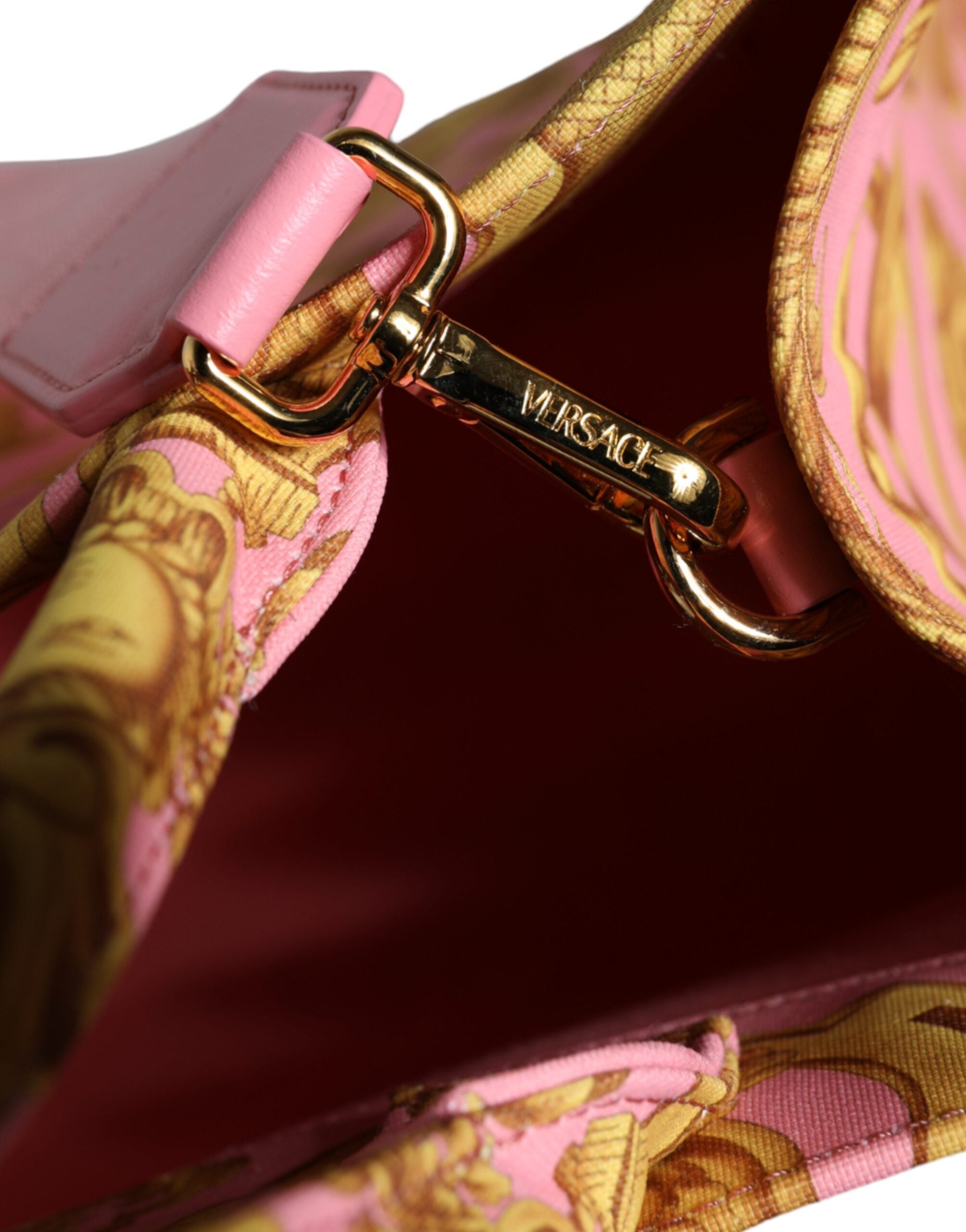 Bolso grande de compras de tela y cuero con estampado rosa de Versace