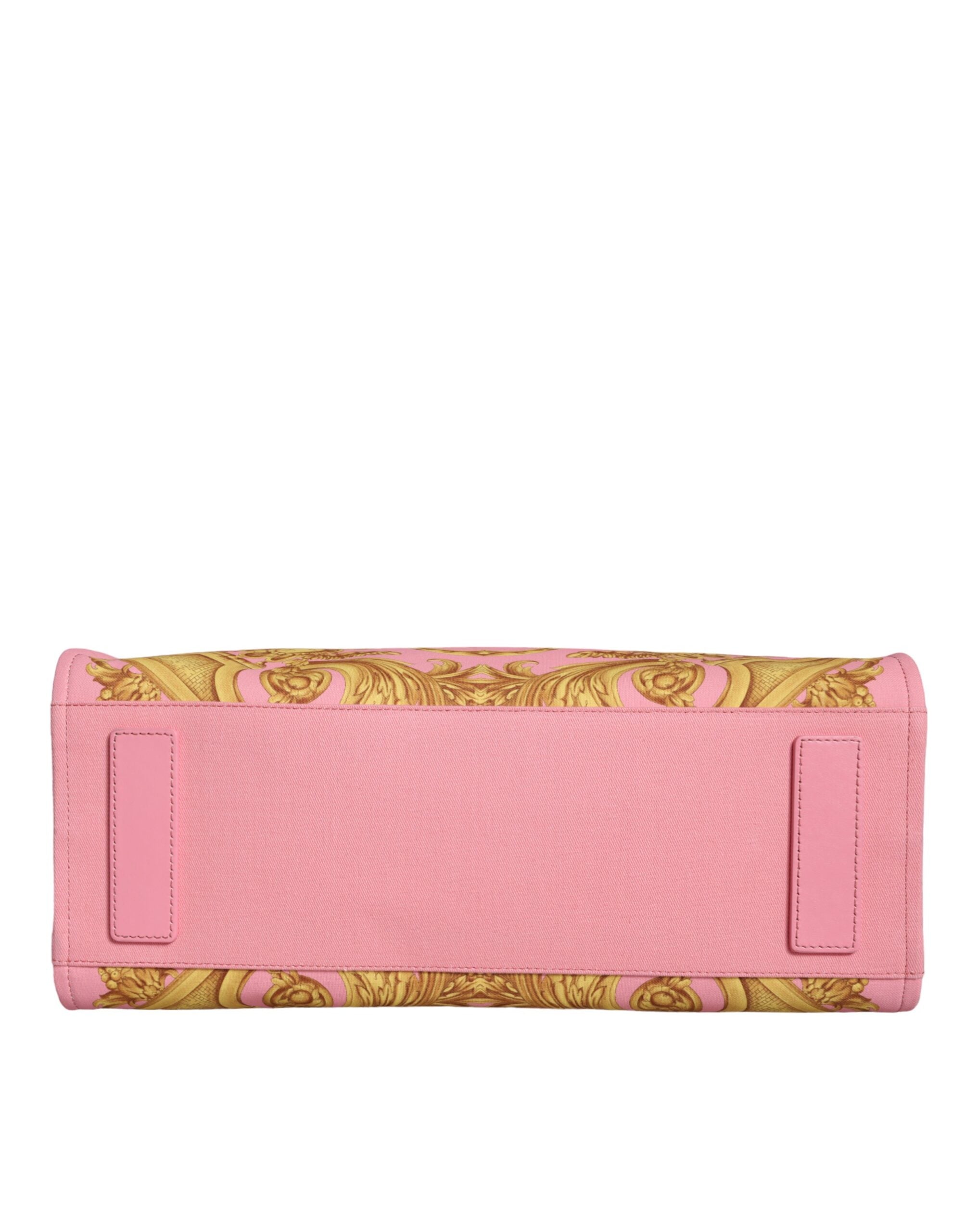 Bolso grande de compras de tela y cuero con estampado rosa de Versace