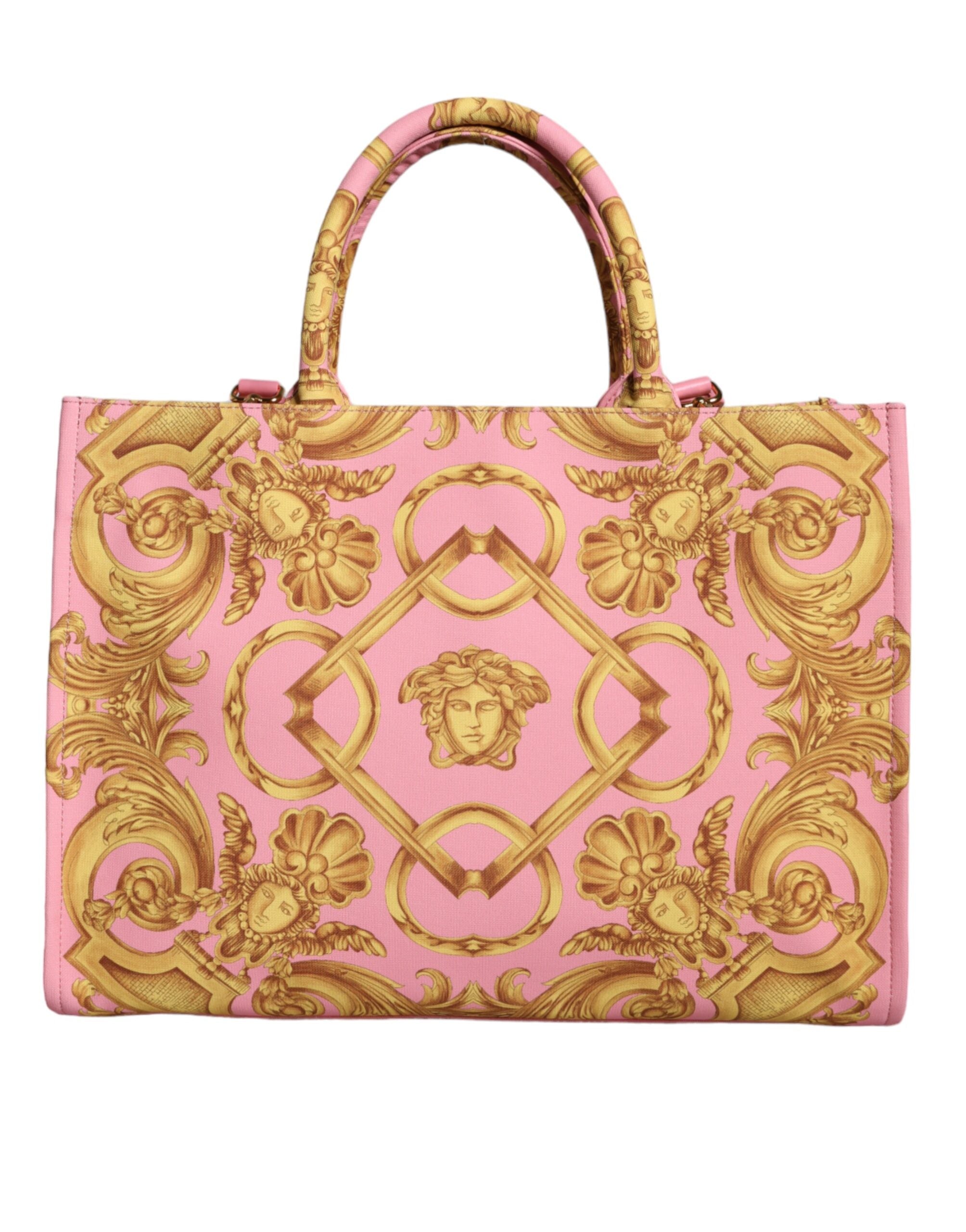 Bolso grande de compras de tela y cuero con estampado rosa de Versace
