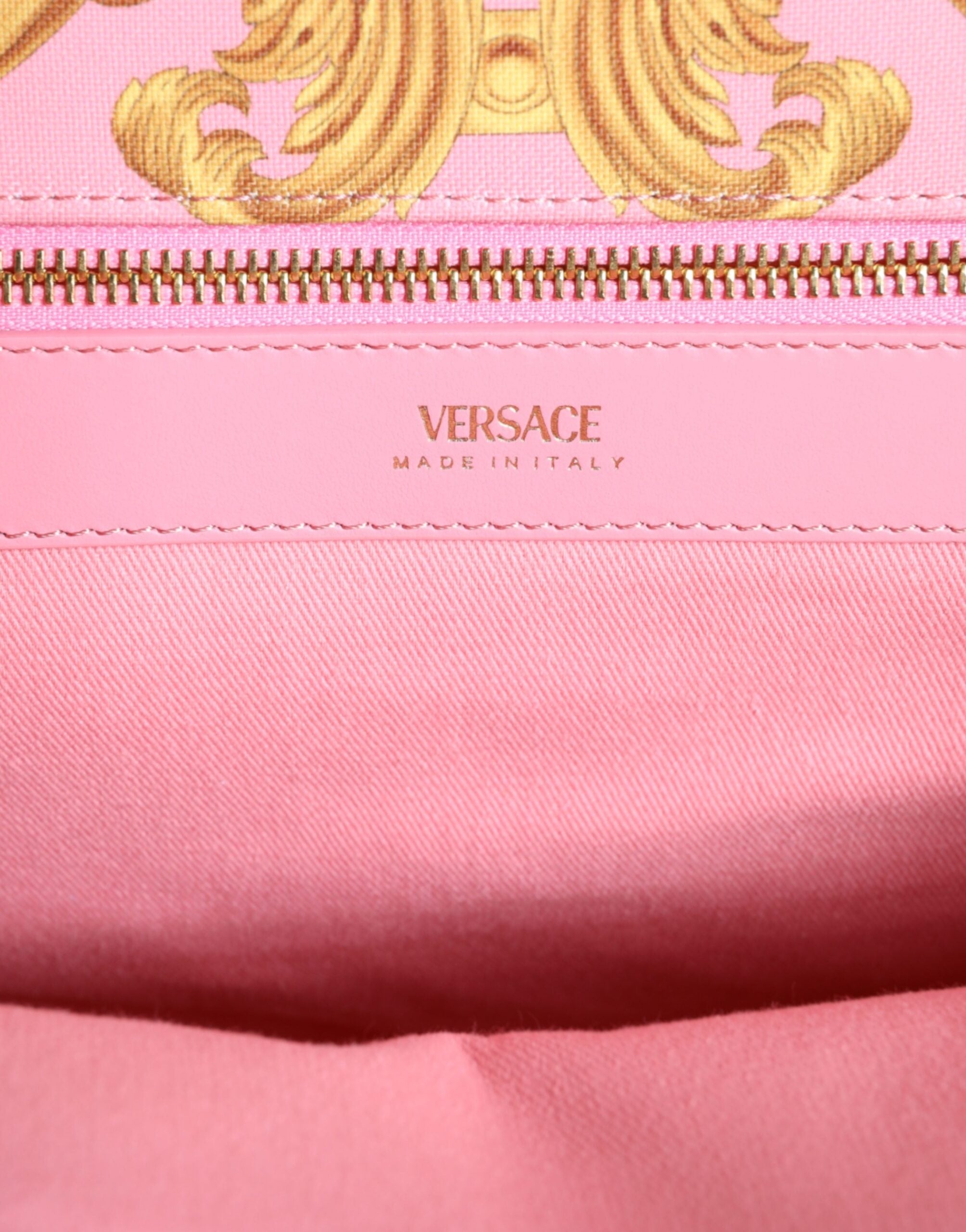 Bolso grande de compras de tela y cuero con estampado rosa de Versace