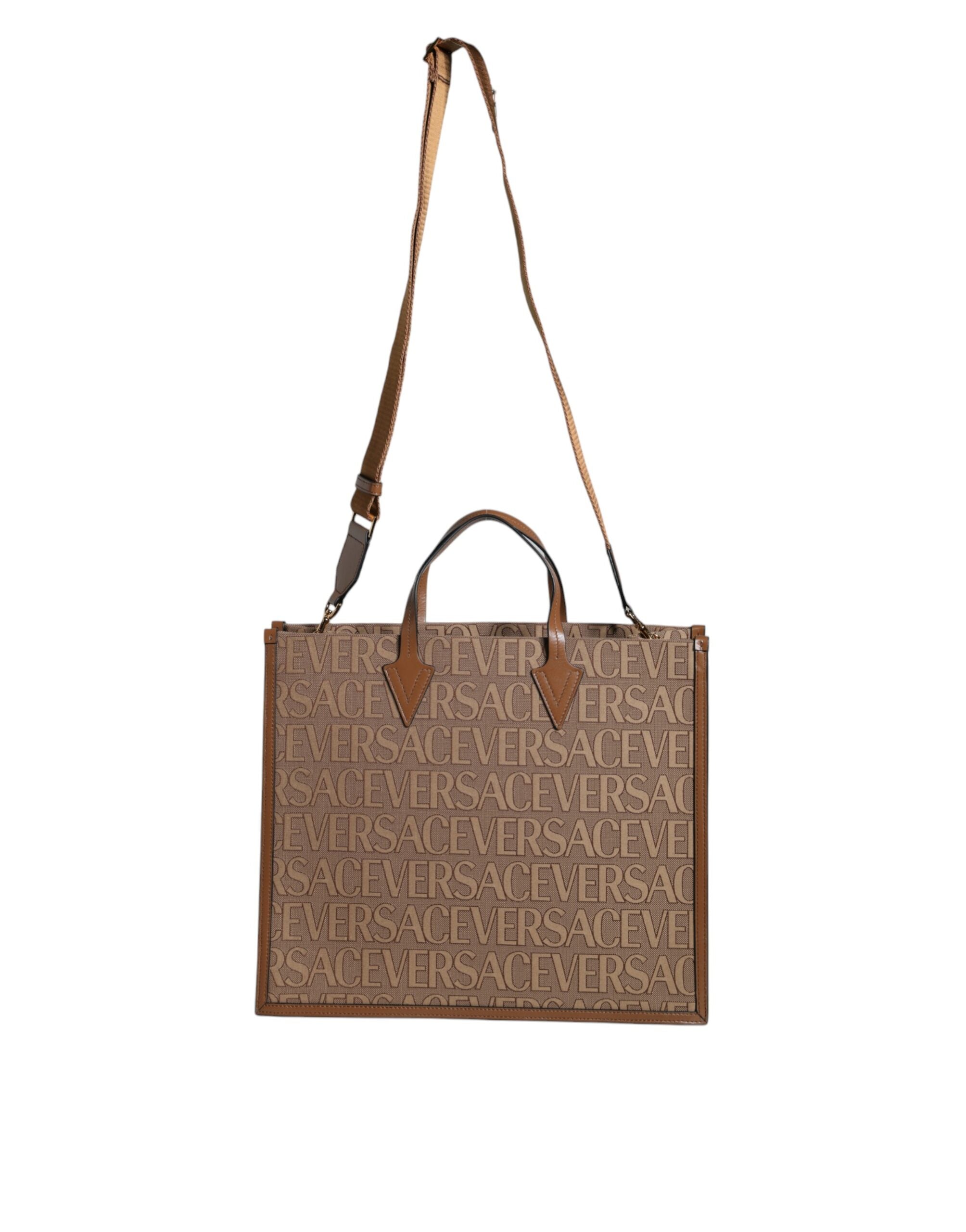 Bolso tote bandolera Versace de piel jacquard con asa superior en marrón y logotipo