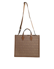 Bolso tote bandolera Versace de piel jacquard con asa superior en marrón y logotipo