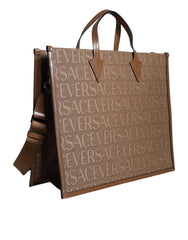 Bolso tote bandolera Versace de piel jacquard con asa superior en marrón y logotipo