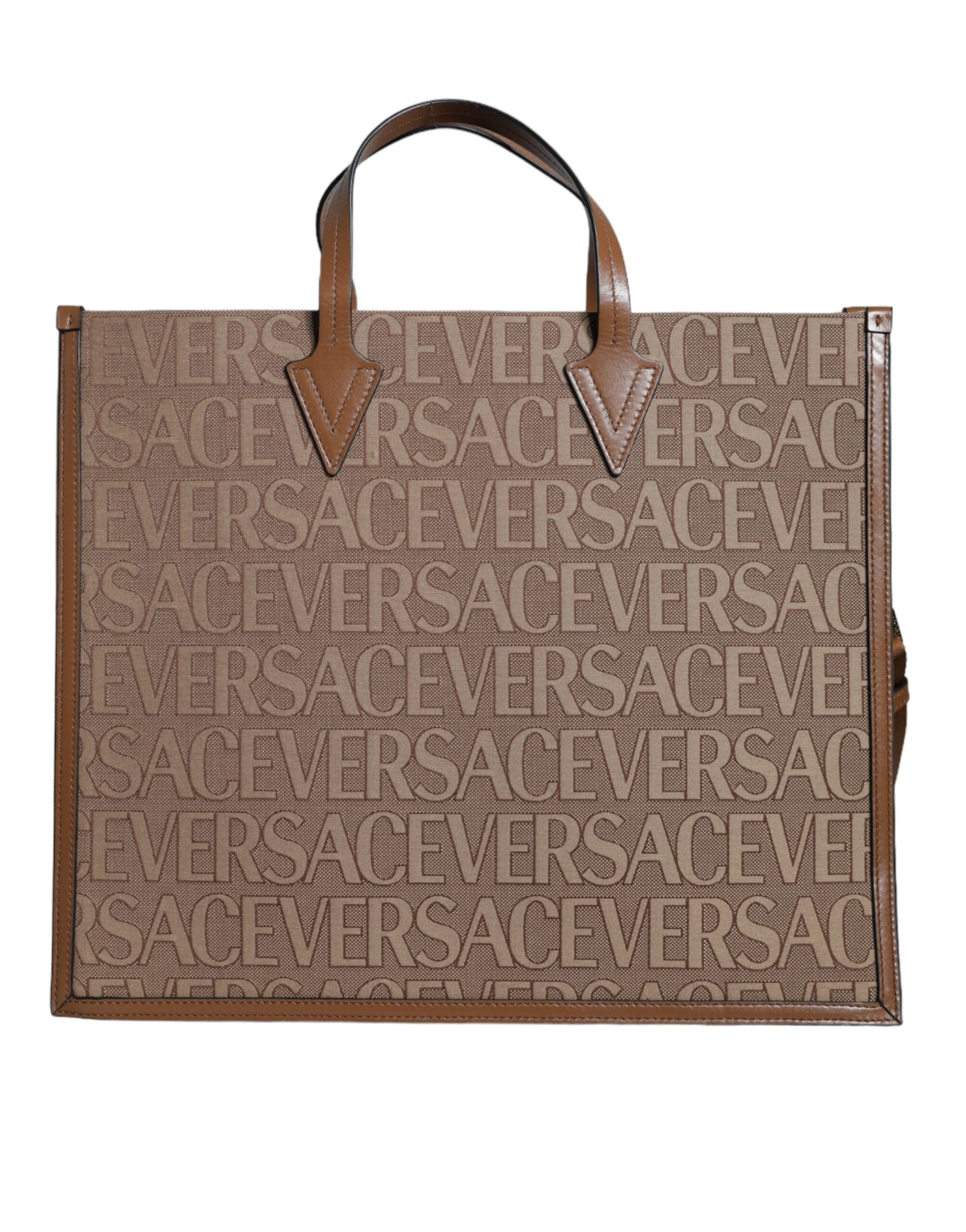 Bolso tote bandolera Versace de piel jacquard con asa superior en marrón y logotipo