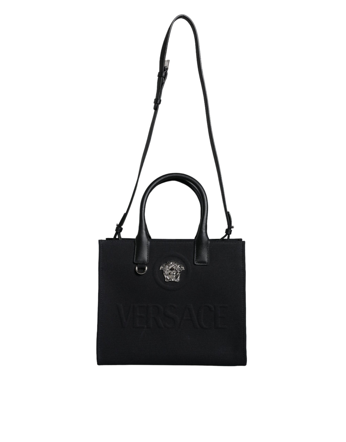 Bolso tote cruzado Versace de lona y cuero con asa superior en color negro y logotipo