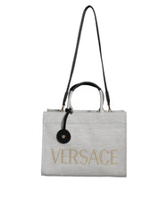 Bolso tote Versace blanco con asa superior de lona y cuero con logotipo