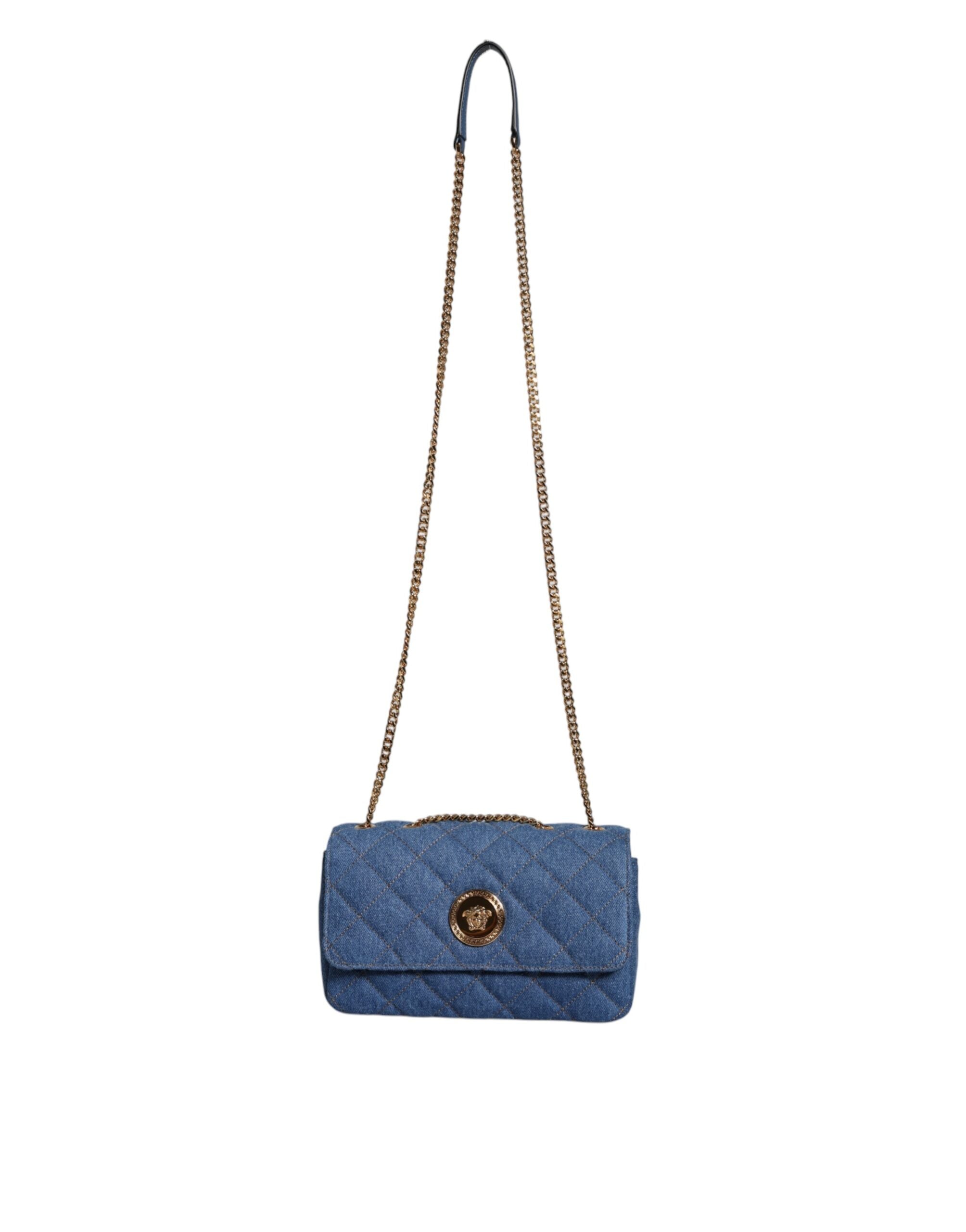 Bolso bandolera de piel vaquera acolchada azul de Versace