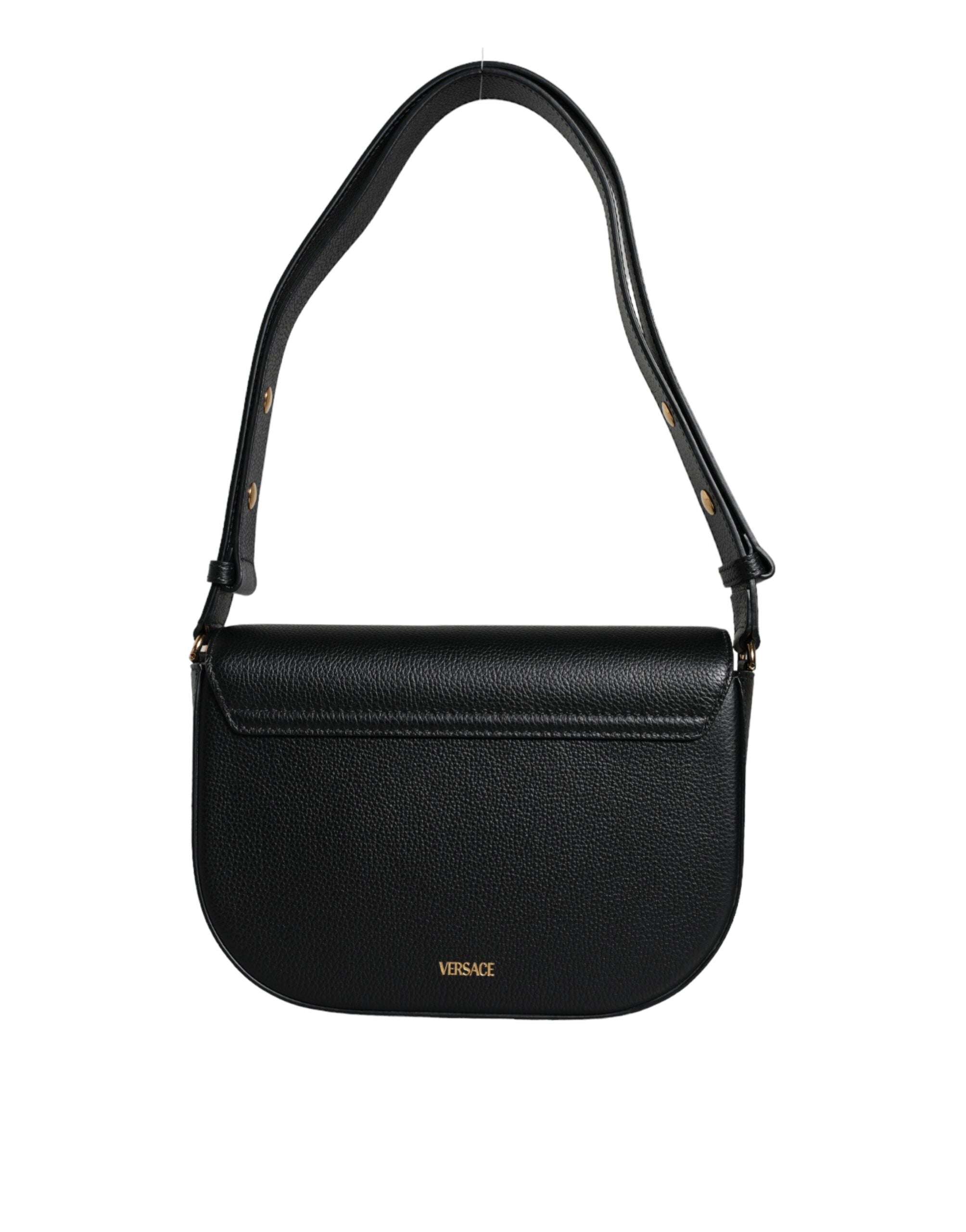 Bolso bandolera Versace de piel de becerro granulada negra con logotipo