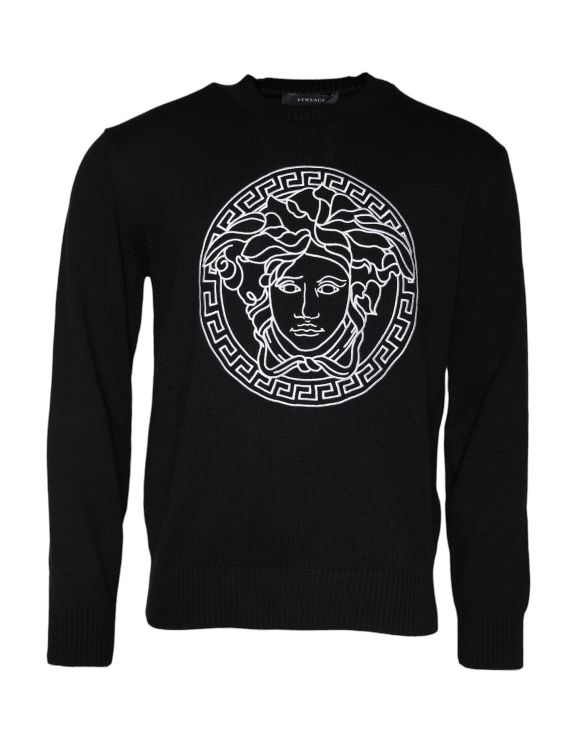 Suéter negro de cuello redondo con bordado de Medusa de Versace