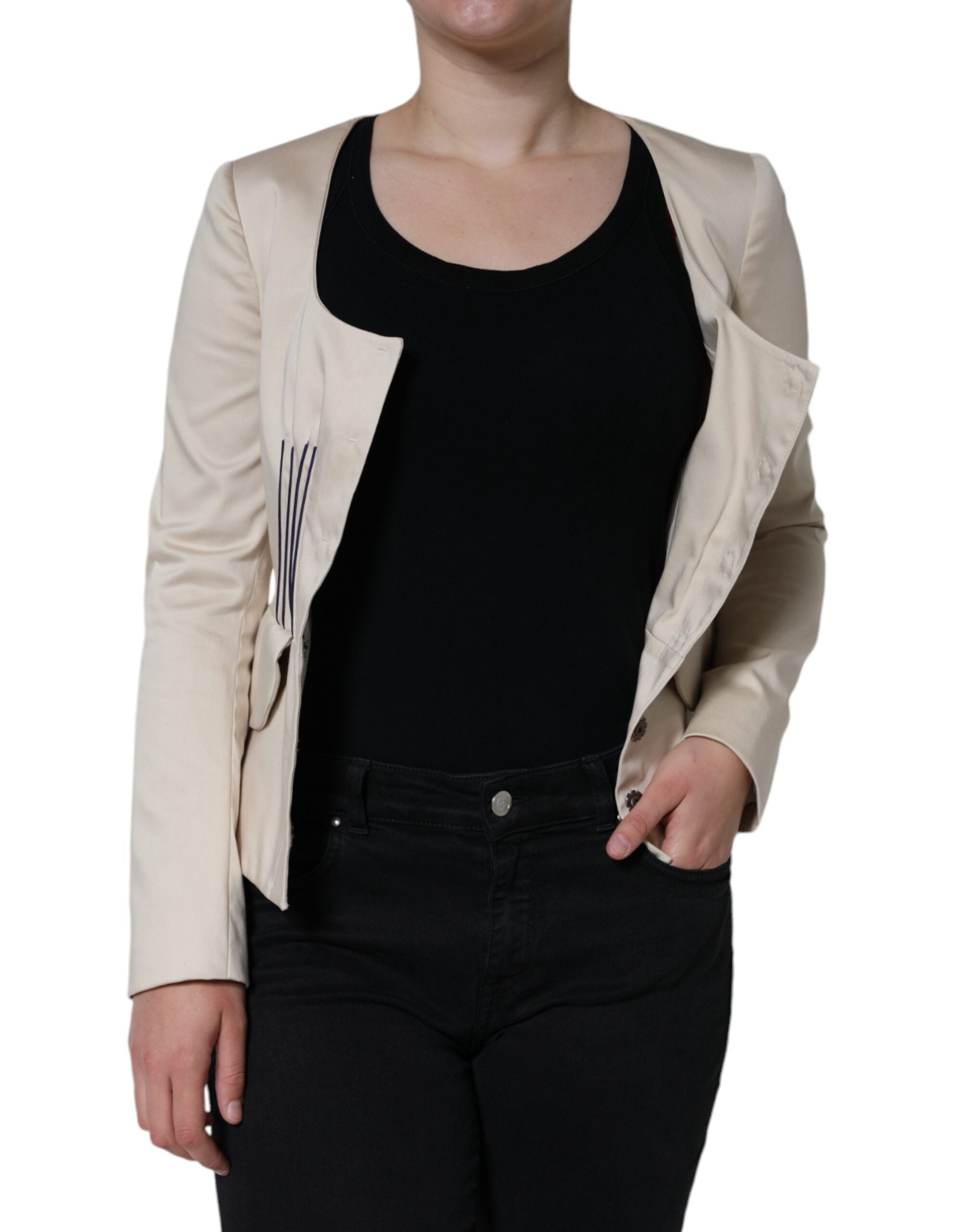 Chaqueta blazer de algodón beige de manga larga y cuello redondo de Valentino