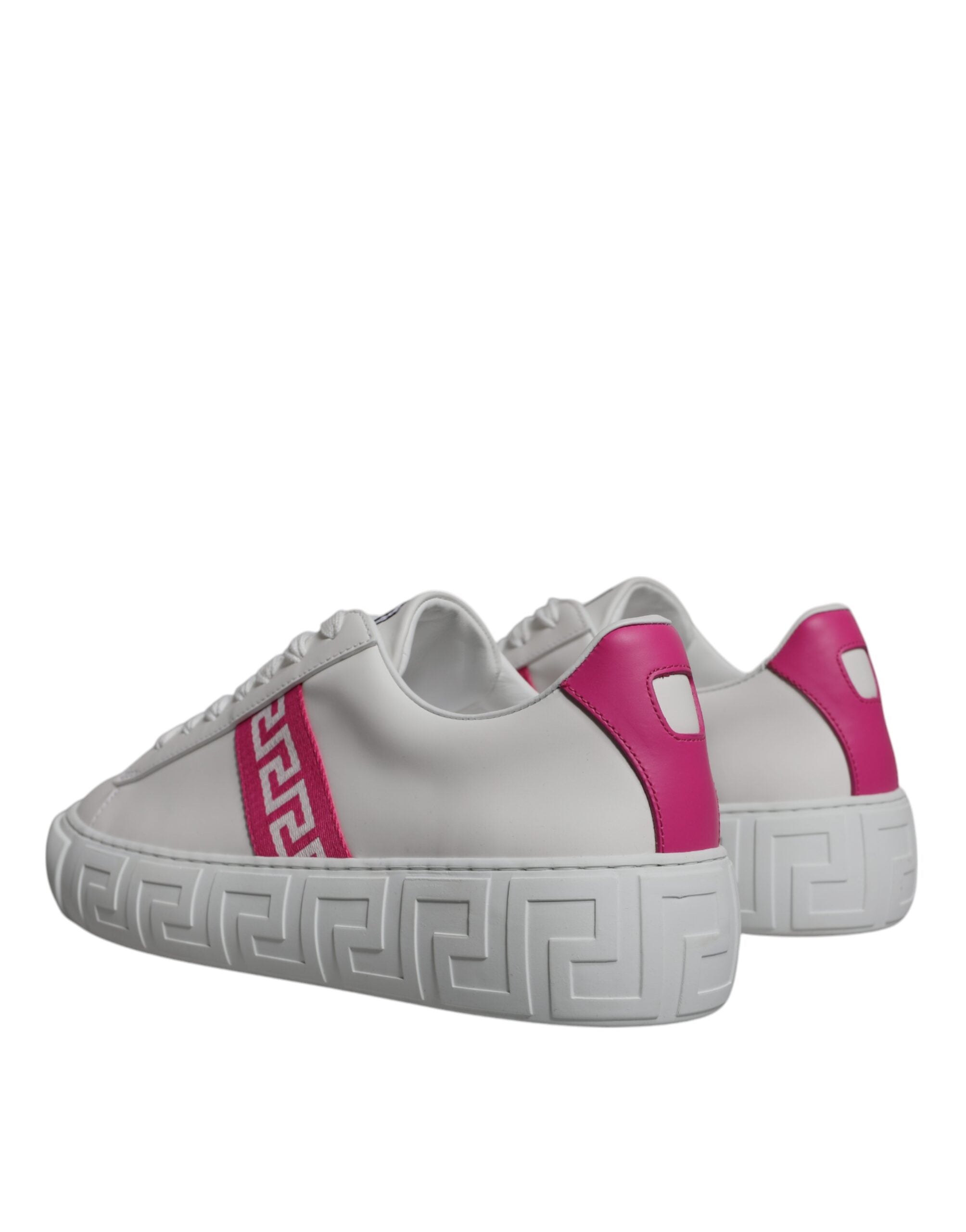 Zapatillas Versace de caña baja con plataforma y estampado de Greca en blanco y rosa