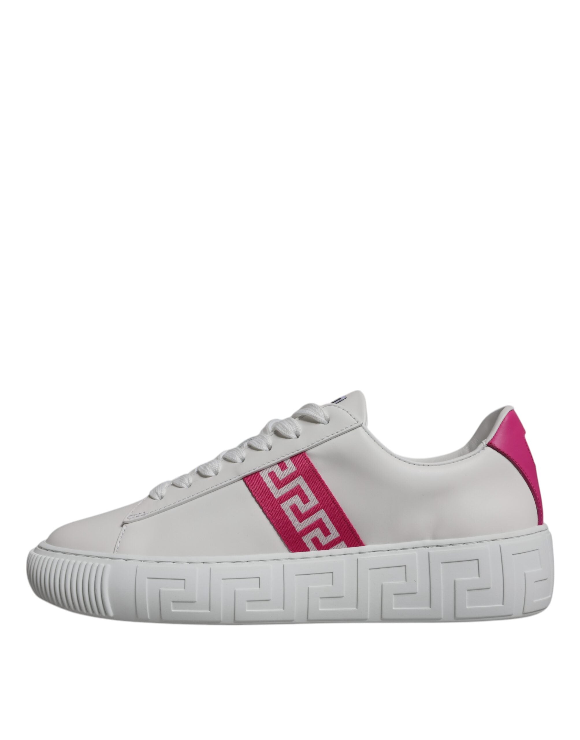Zapatillas Versace de caña baja con plataforma y estampado de Greca en blanco y rosa