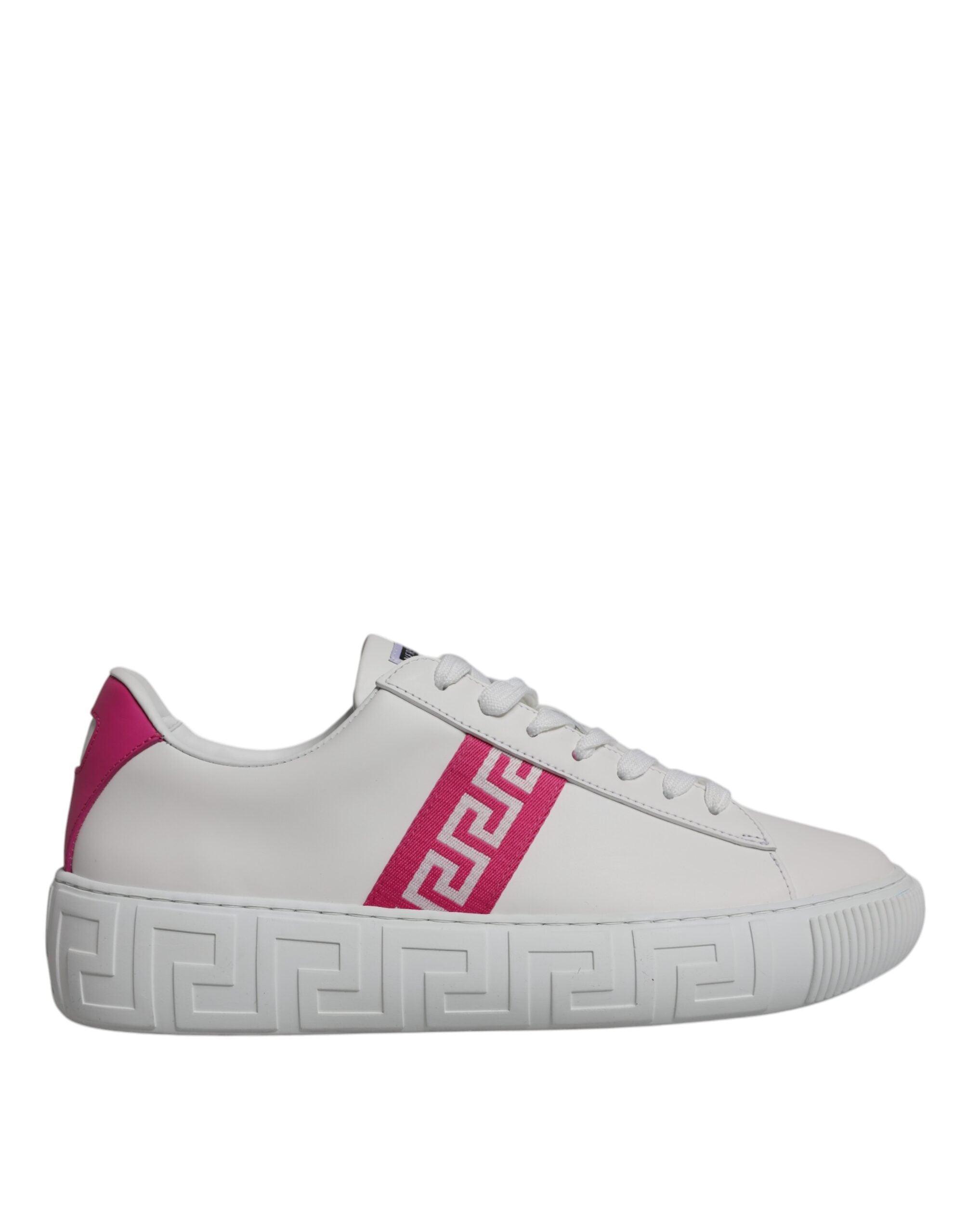 Zapatillas Versace de caña baja con plataforma y estampado de Greca en blanco y rosa