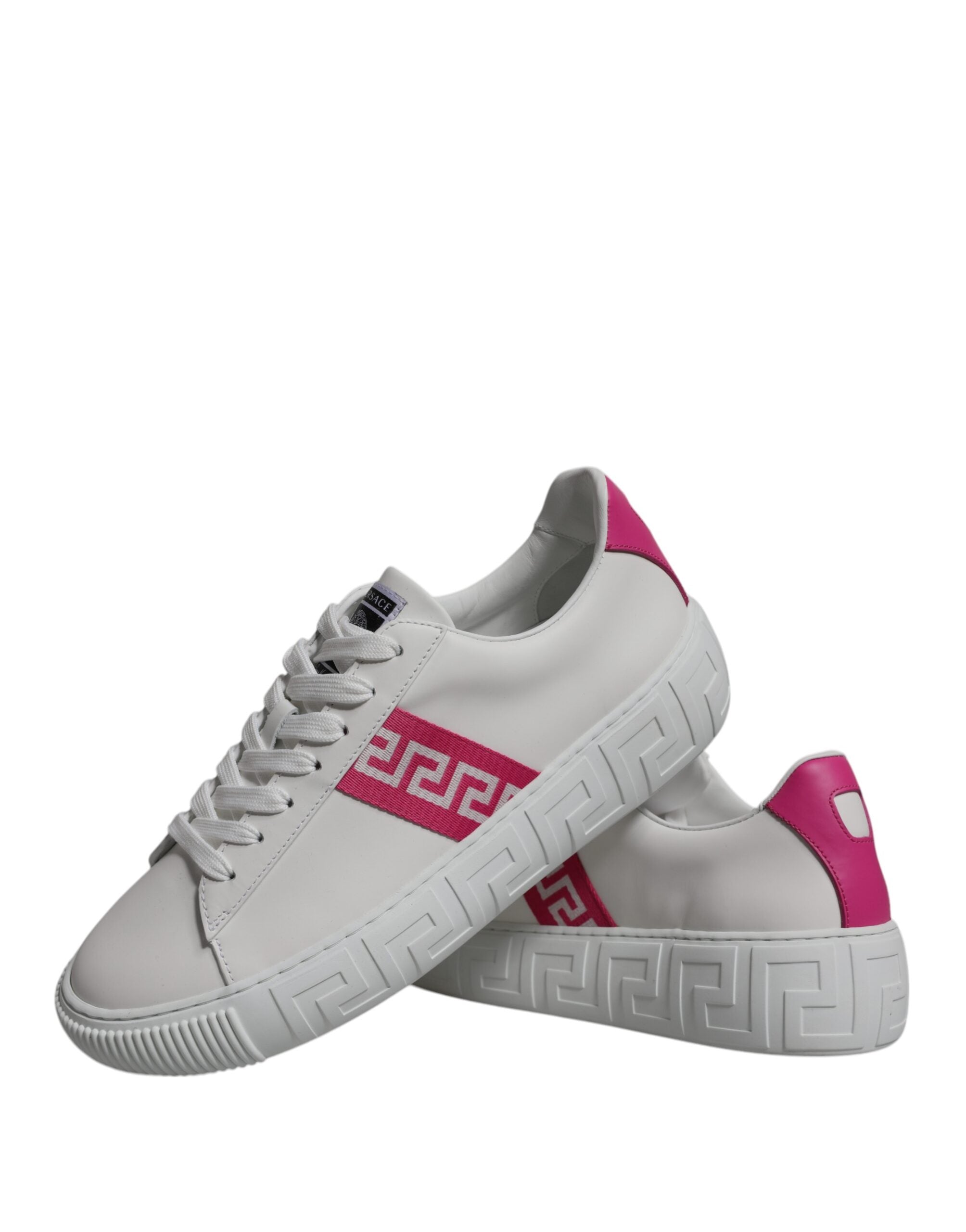 Zapatillas Versace de caña baja con plataforma y estampado de Greca en blanco y rosa