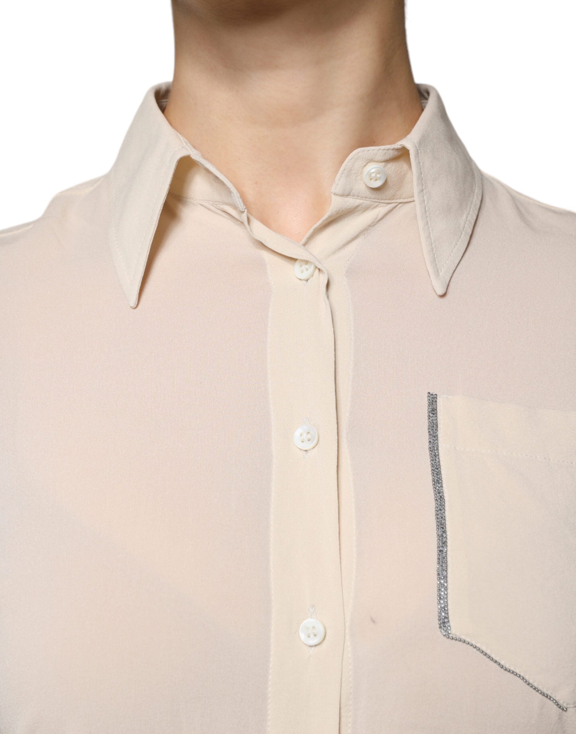 Blusa con cuello y botones en mezcla de seda beige de Brunello Cucinelli
