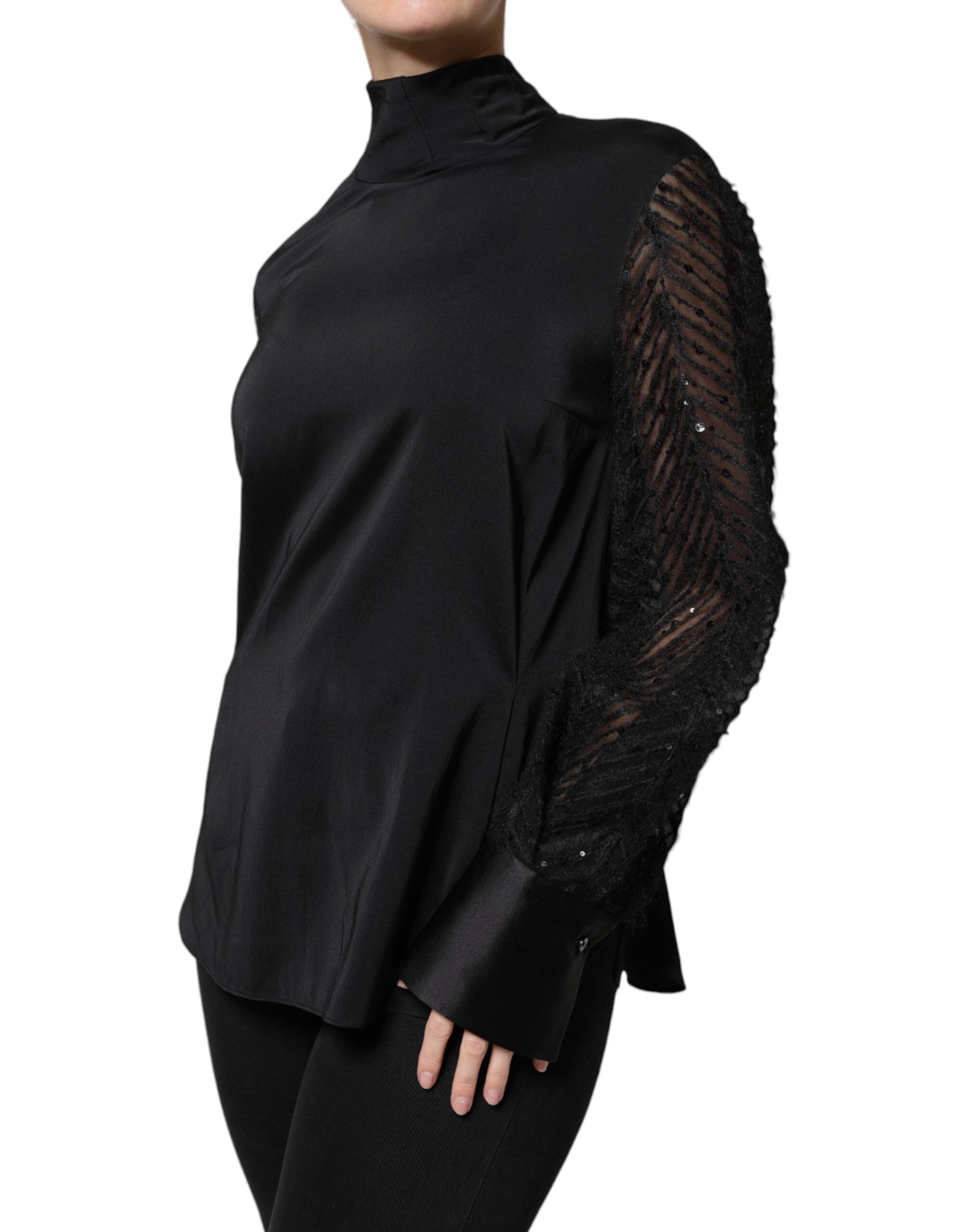 Blusa de manga larga en mezcla de seda negra de Brunello Cucinelli