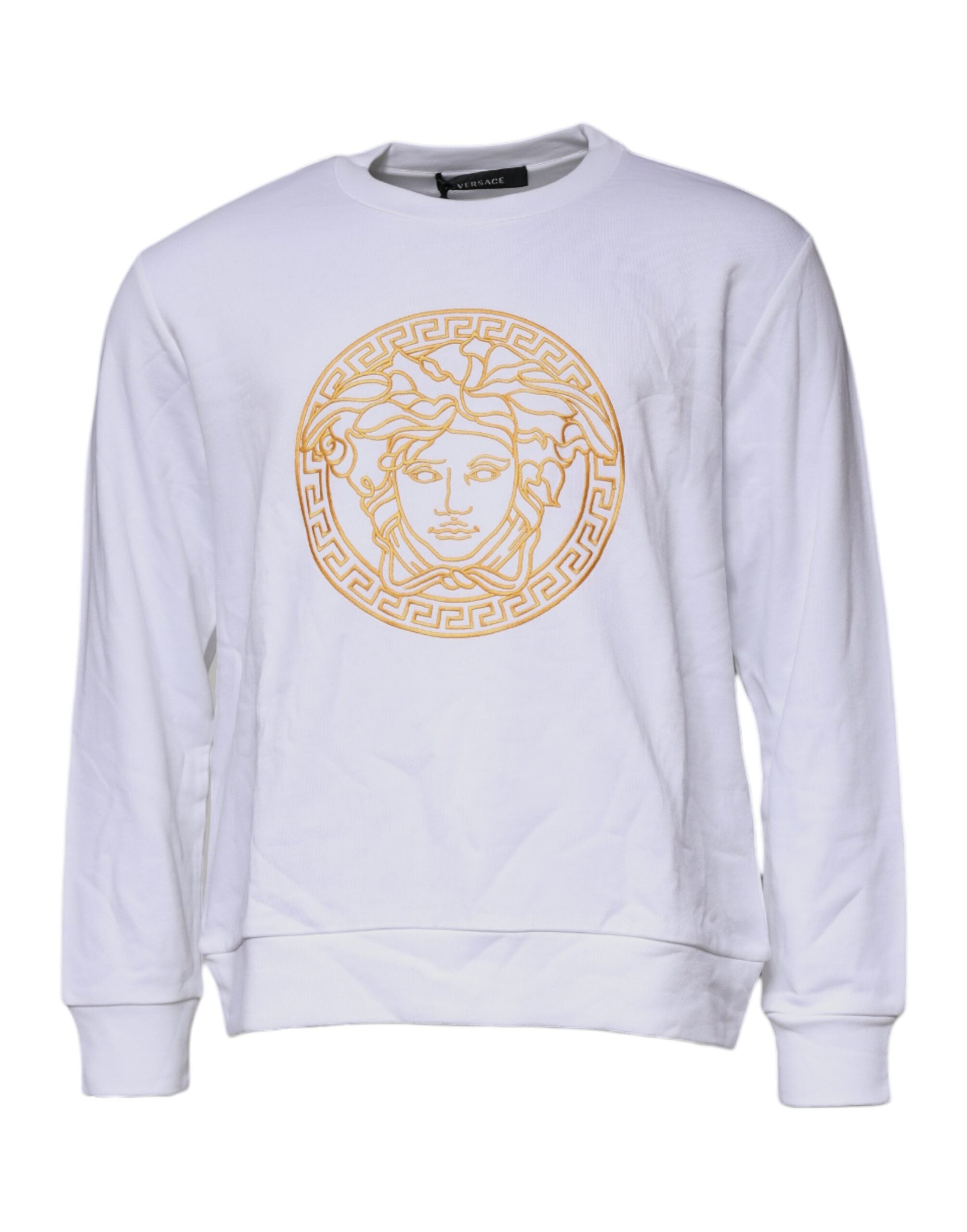 Suéter blanco de cuello redondo con bordado de Medusa de Versace