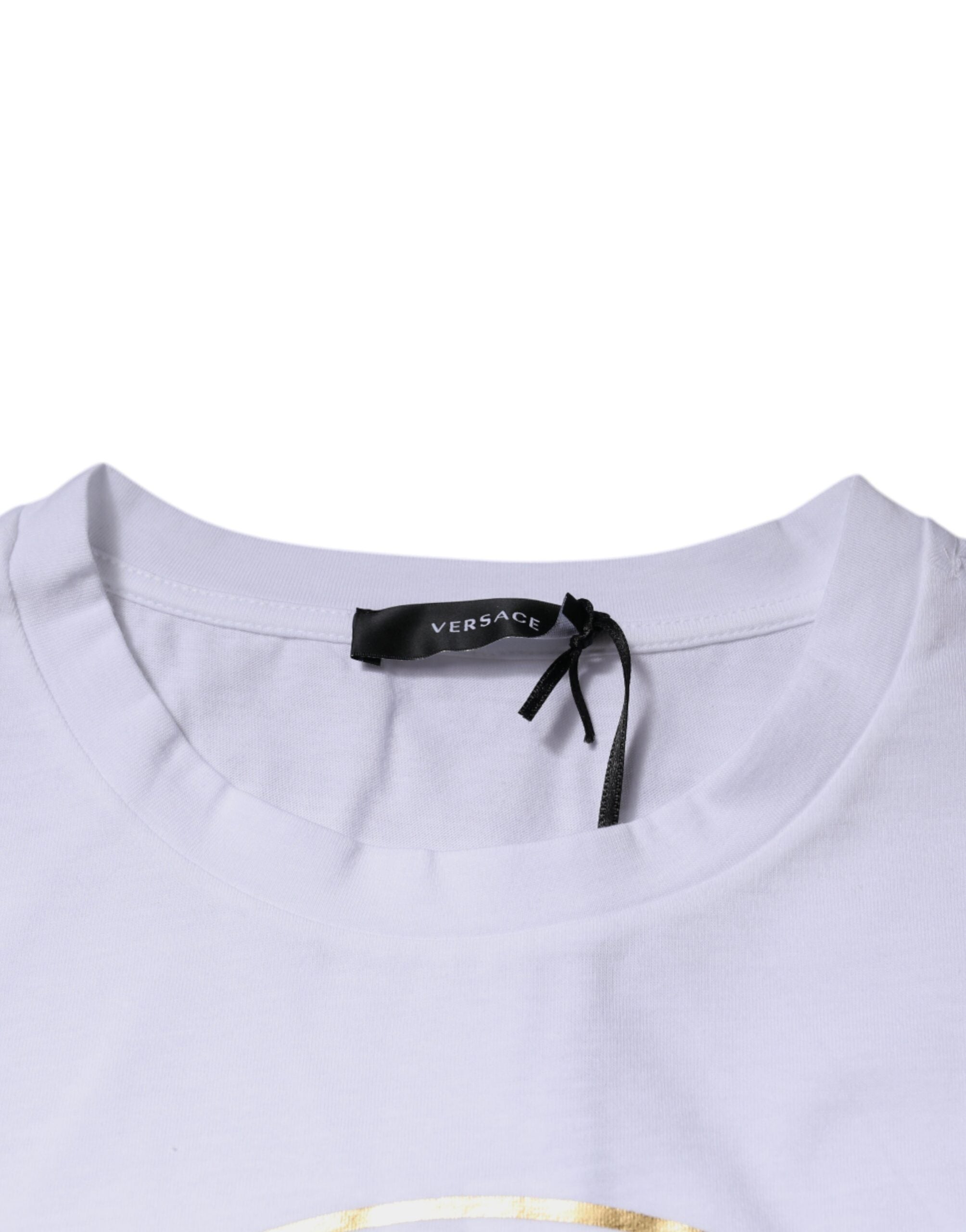 Camiseta de algodón con cuello redondo y estampado de Medusa blanca de Versace