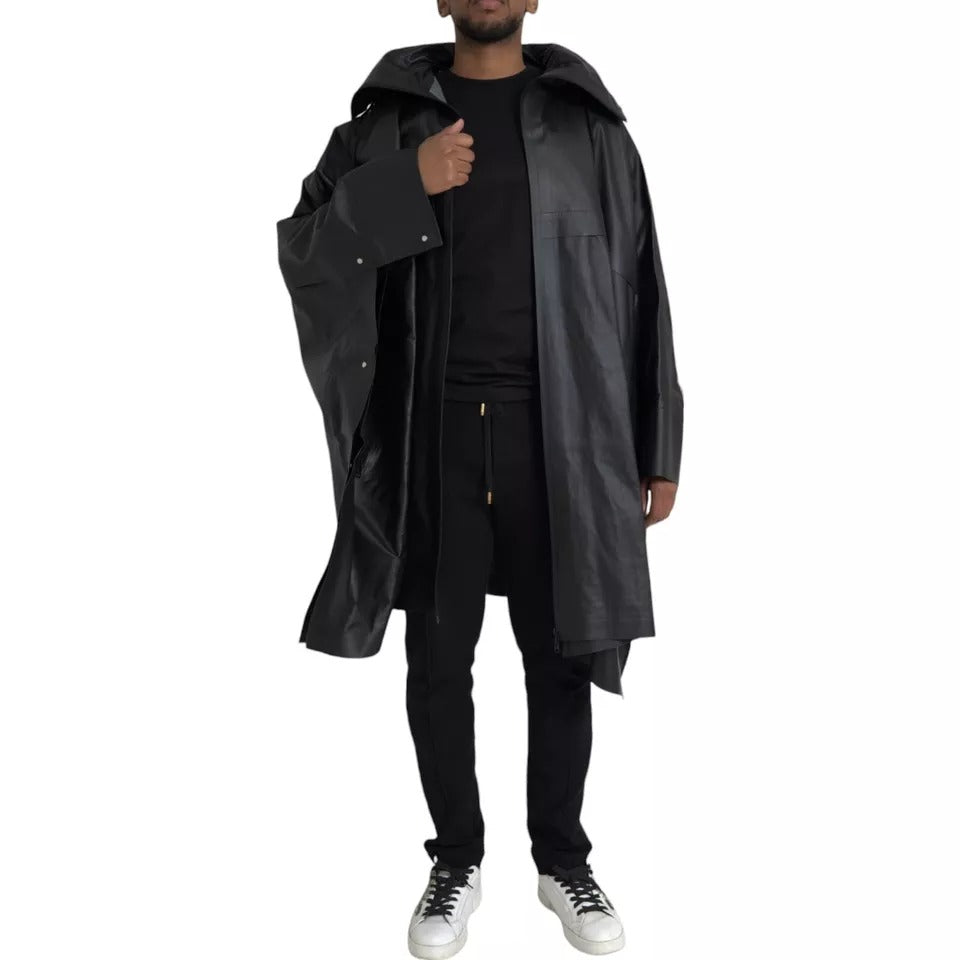 Chaqueta gabardina con capucha de cuero negro de Bottega Veneta para hombre