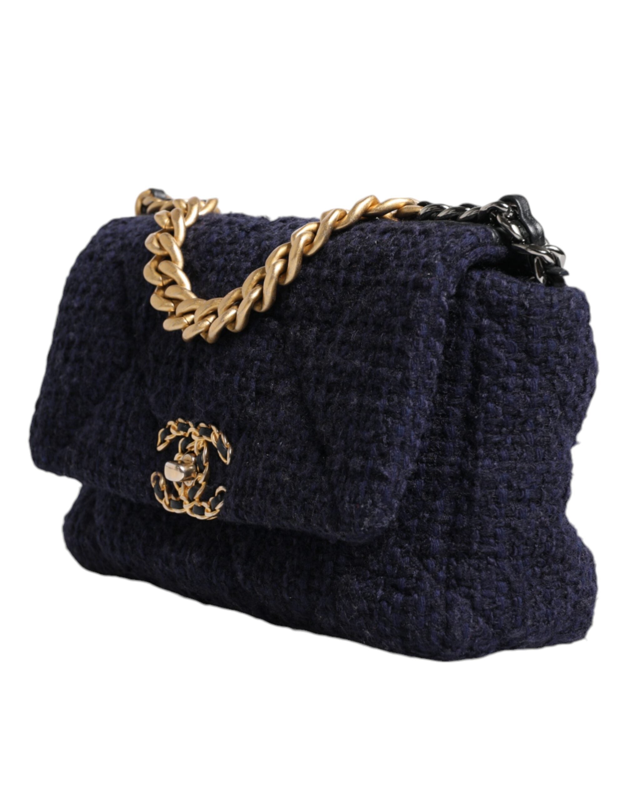 Bolso de hombro Chanel azul oscuro con solapa mediana de tweed CC con cadena dorada y gris