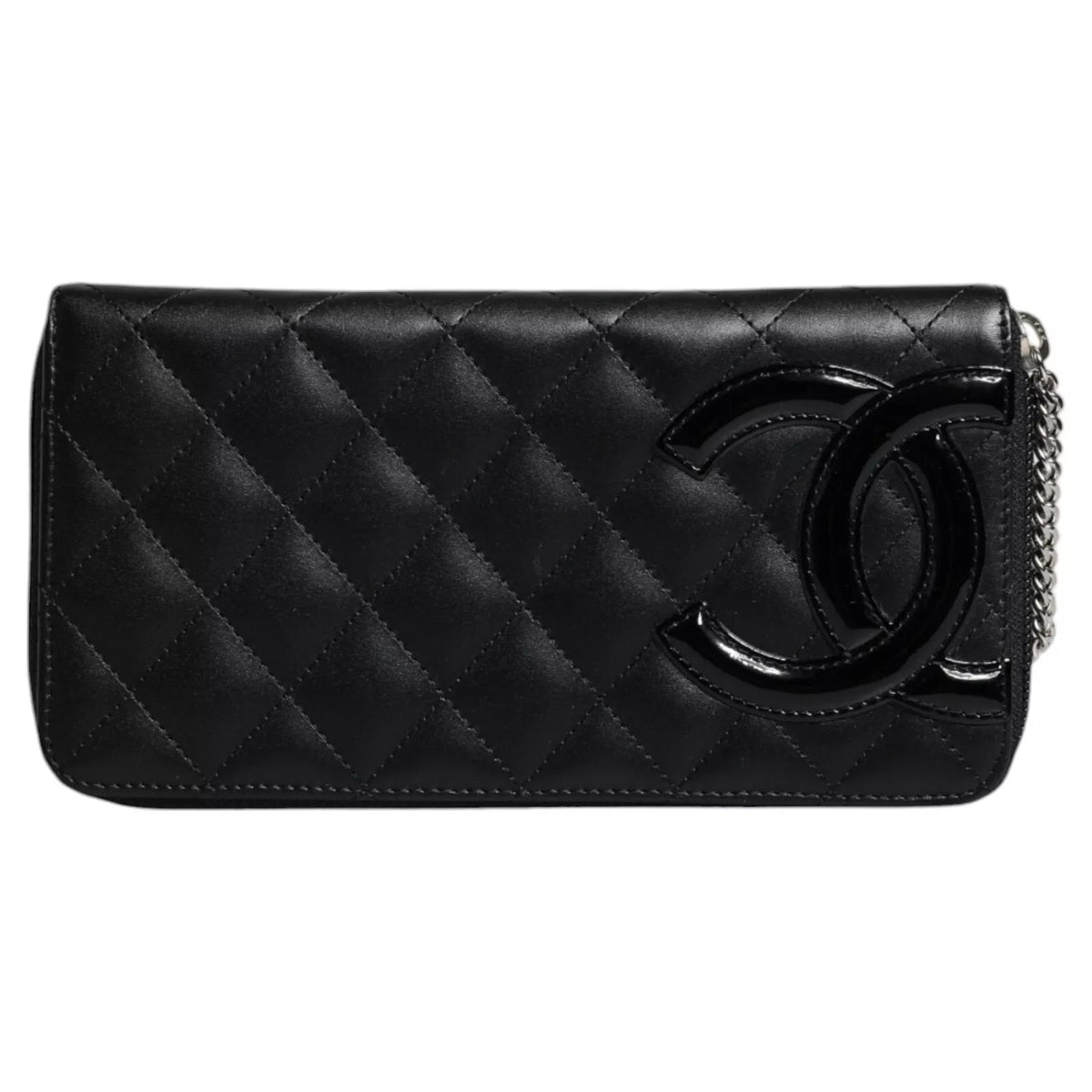Cartera con cremallera continental CC de piel acolchada negra con el logotipo de Chanel