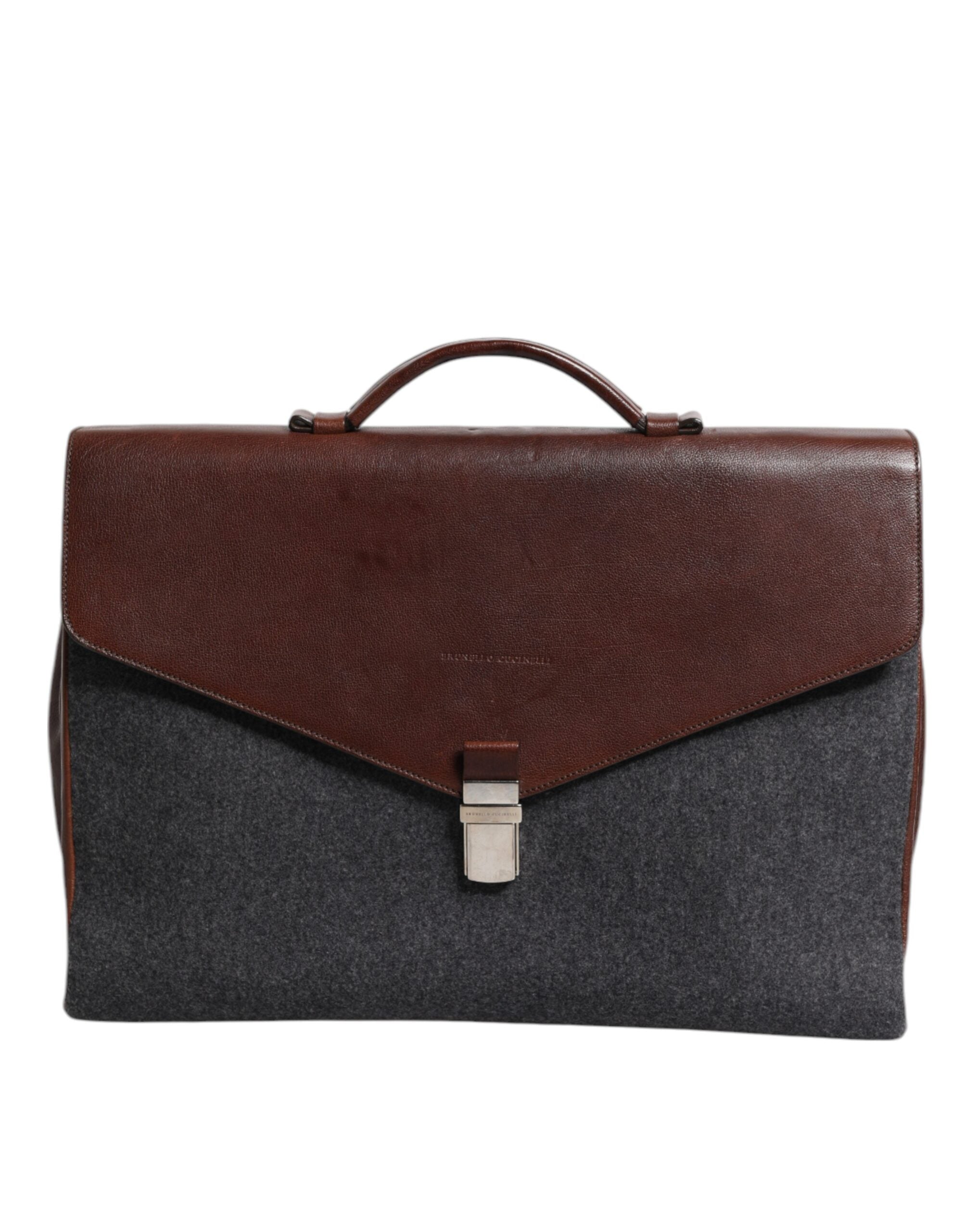 Bolso de mano de negocios Brunello Cucinelli de lana color coñac y cuero marrón y gris