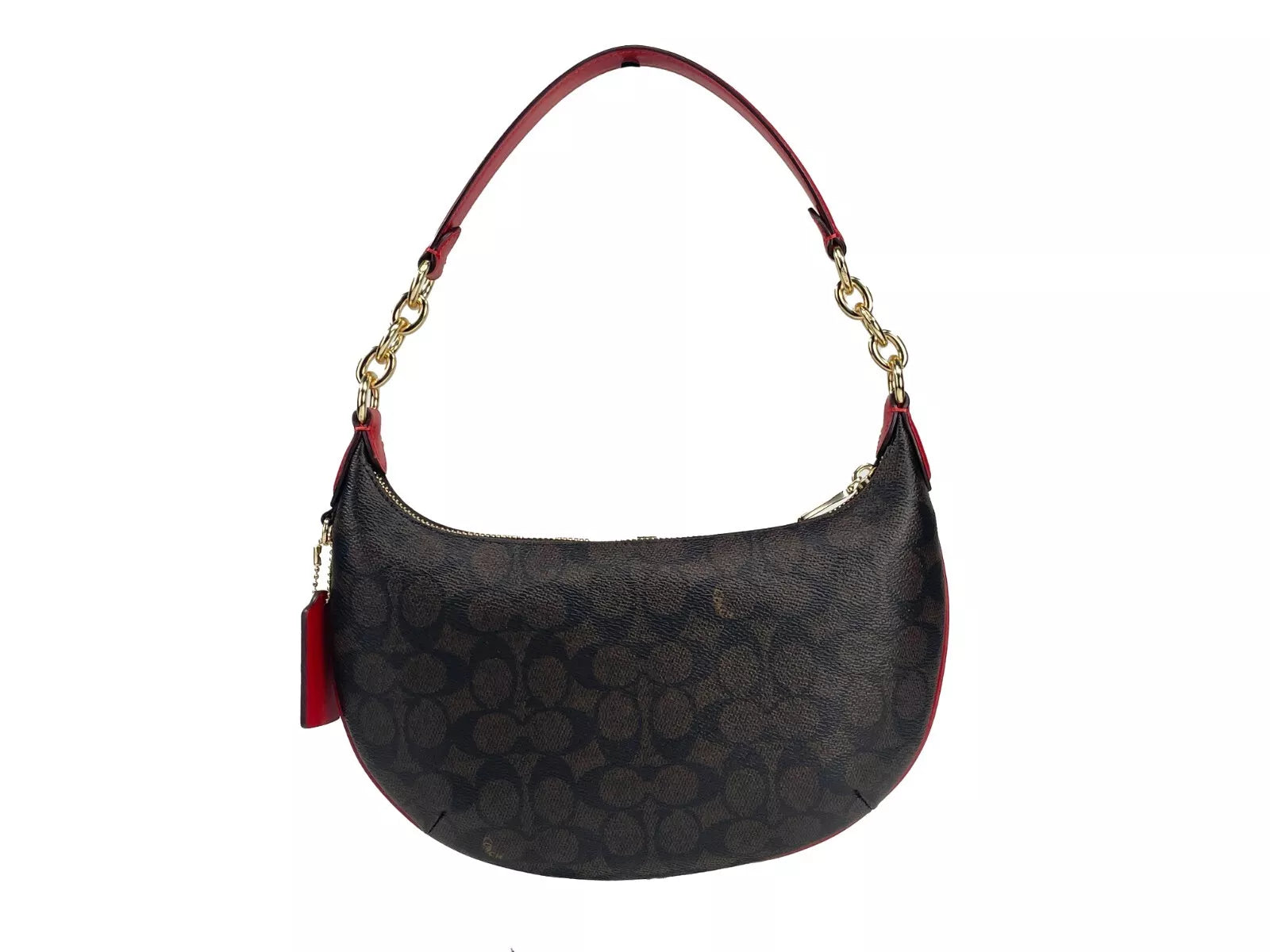 COACH Payton Signature Bolso de hombro de piel de PVC marrón y rojo