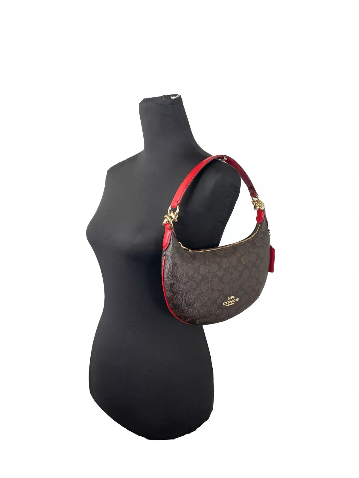 COACH Payton Signature Bolso de hombro de piel de PVC marrón y rojo