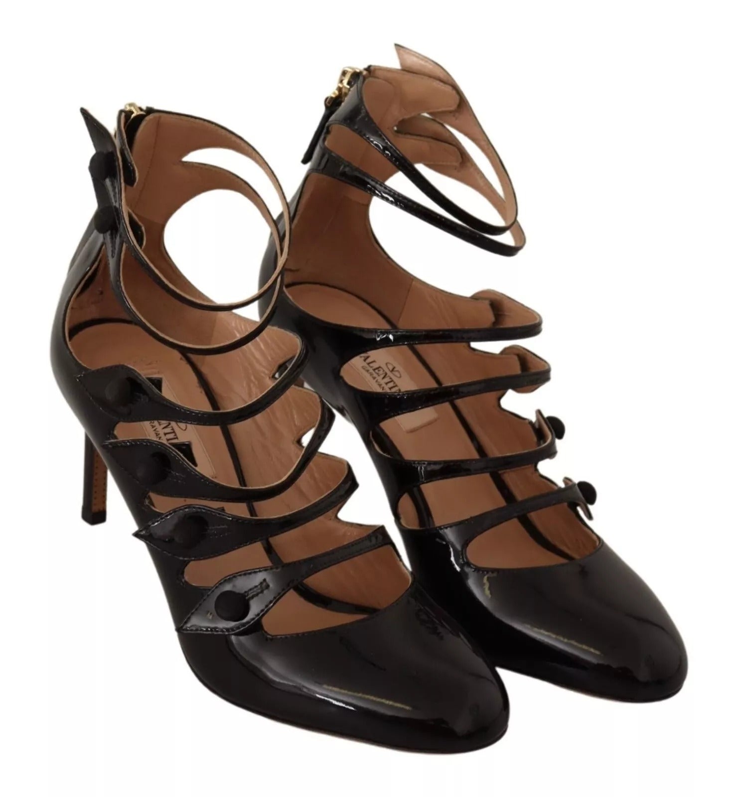 Zapatos de tacón medio Valentino de piel con múltiples tiras en negro