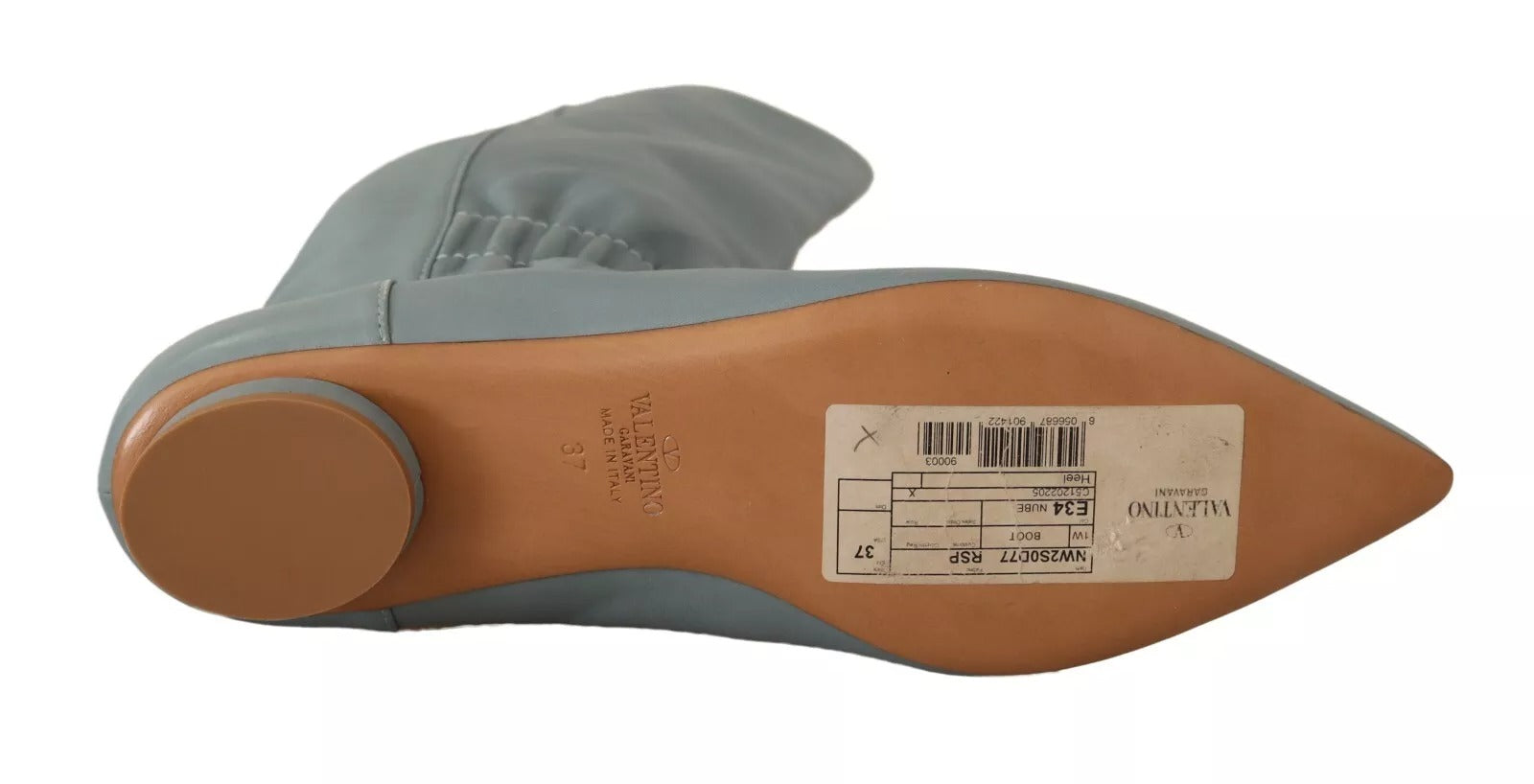 Botas altas hasta la rodilla con tacón de aguja y tacón plano elástico de cuero azul de Valentino