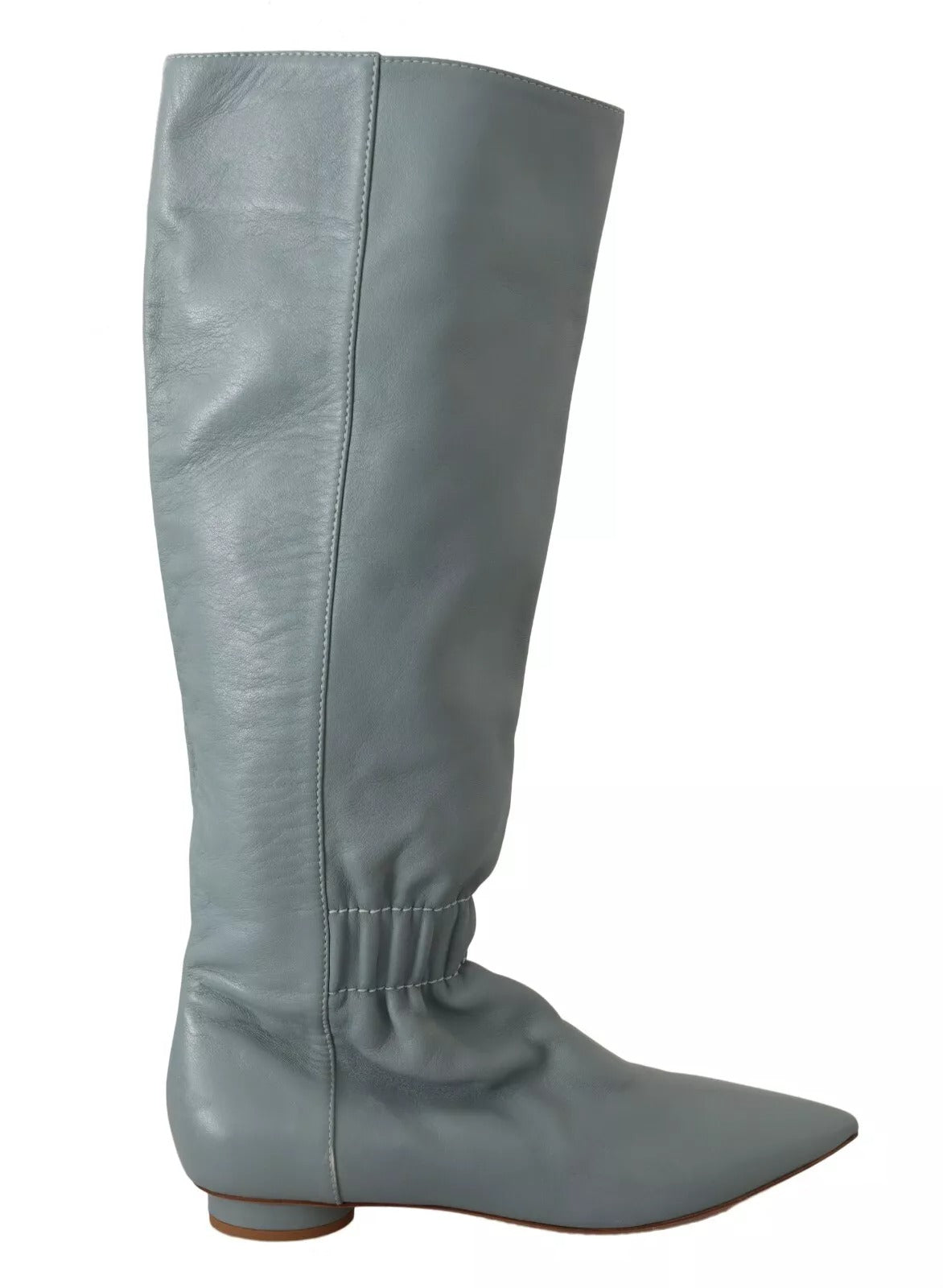 Botas altas hasta la rodilla con tacón de aguja y tacón plano elástico de cuero azul de Valentino