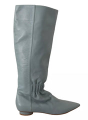 Botas altas hasta la rodilla con tacón de aguja y tacón plano elástico de cuero azul de Valentino